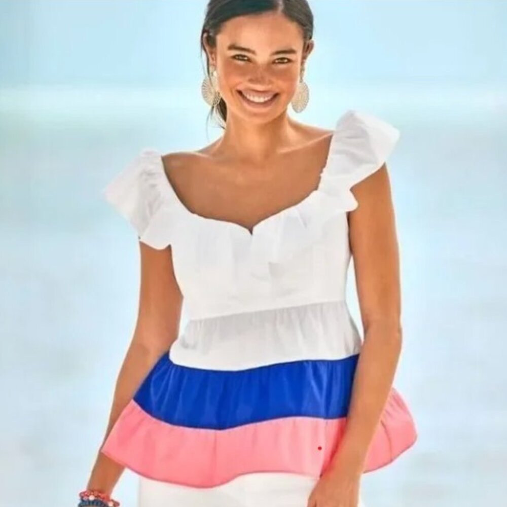 NWT - Lilly Pulitzer Emie Ruffle Top Size 10 - Resort White Borealis Blue